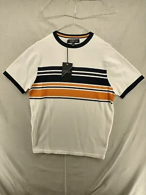 Broken Standard Mens Medium M White Yellow Striped Knit Orson T-shirt Cotton NWT • $14.92