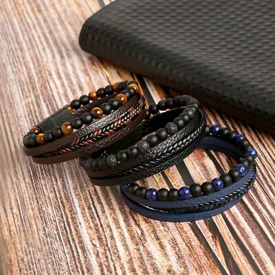 £5.99 • Buy Mens Black Leather Bracelet Wristband Stainless Steel Clasp Jewellery Gift 2022