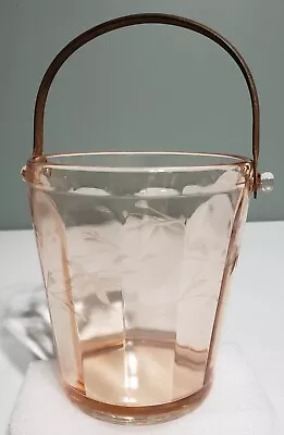 Vintage Pink Depression / Elegant Glass Ice Bucket W/ Handle & Etched Flowers • $13.99