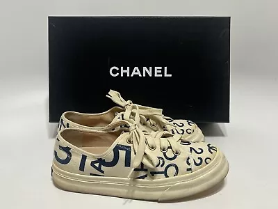 Vtg Chanel White Logo Print Sneakers 35 • $250