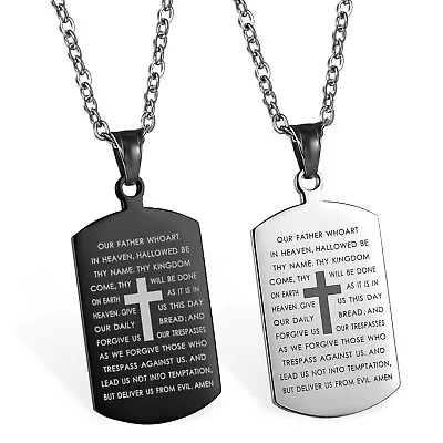 Men Women Cross Lords Prayer Dog Tag Pendant Necklace Stainless Steel Chain 22  • $8.99