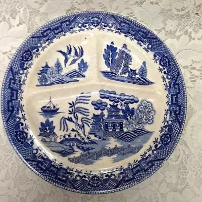 Vintage  Rare Moriyama Occupied Japan Blue Willow Grill Plate 10in D (B) • $32.95