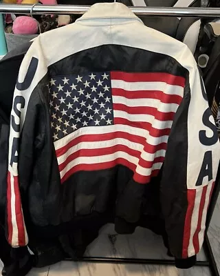 Michael Hoban Genuine Leather Flag Jacket Men’s XL USA Patriotic Biker • $50