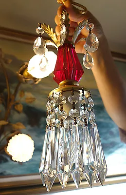 Vintage Ruby Lucite Hanging Mini SWAG Tole Lamp Chandelier Crystal Prisms • $78