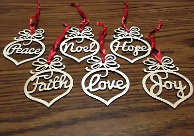 Christmas Ornaments Wood Laser Cut Ribbon Peace Hope Faith Love Joy Noel Set 6 • $19.58