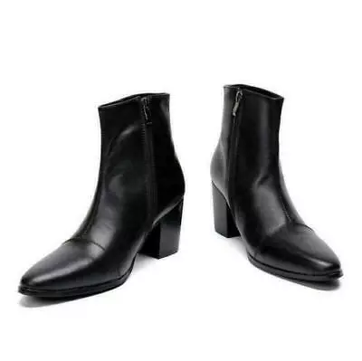 Mens Pointy Toe  7 CM High Heel Real Leather Dress Boots Side Zip Shoes • $77.04