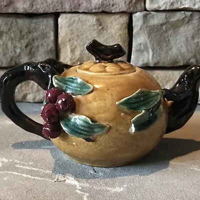 Vintage Pottery Teapot Handmade Signed Majolica Cherries Leaves Fruit Branch Art • $85