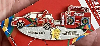 Official Coca-Cola 2012 Olympic Torch Relay Red Car & Trailer Pin Badge On Card • £12.95