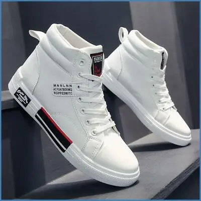 Zapatos Casuales Blancos Para Hombre Zapatillas De Cuero Moda Deportivos Cómodas • $35.99