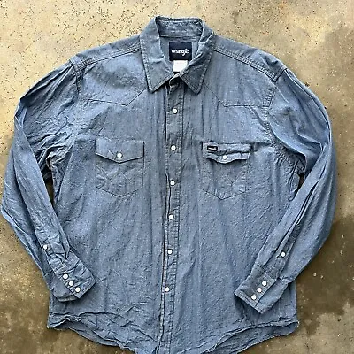 Vintage 90s Wrangler Chambray Cotton Pearl Snap Western Shirt XL Long Sleeve • $22.45