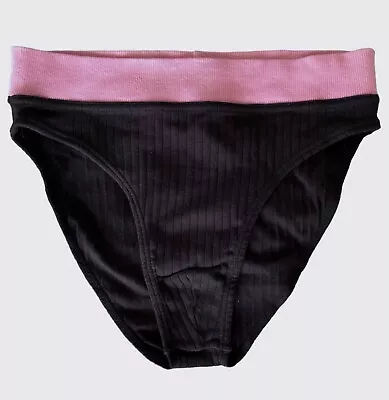  BlackRibsPink  Vintage Undergear Ribbed Black Cotton Pink Band Tanga - Men's M • $15