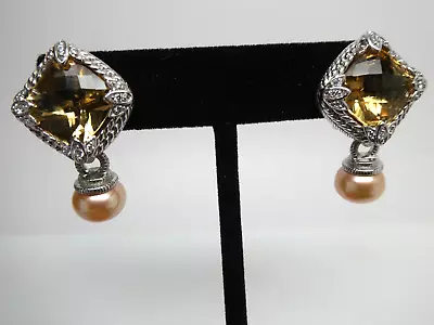 JUDITH RIPKA Citrine & Peach Pearl & CZ Sterling Silver 925 Omega Earrings • $145