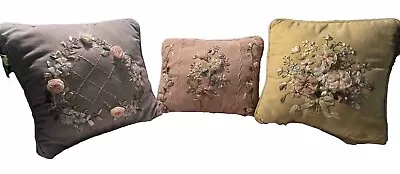 3 Velvet Decor  Pillows Satin Ribbon Embroidery Embellished Stitched Floral Vtg • $55