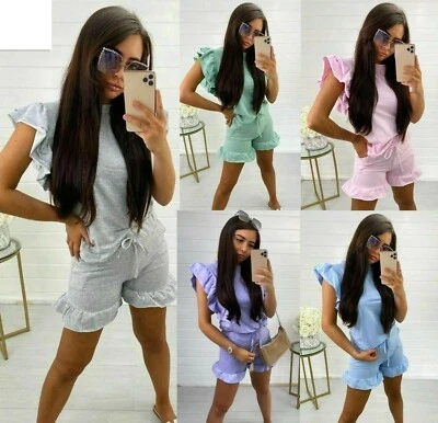 £16.95 • Buy Women's Ladies Frill Peplum Short Sleeve Top Shorts 2PCS Co Ord Set Tracksuit