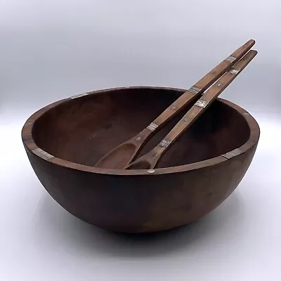 Vintage Walnut Salad Bowl & Servers With Inlaid Metal Accents /hgo • $50