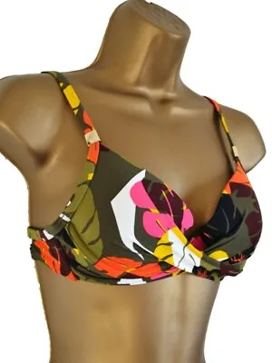 MnS Khaki Leaf Plunge BIKINI TOP With Sash Front - Various Cups From 34 To 40!! • £7.95
