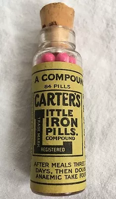 Antique New NOS Carter's Little Iron Pills Glass Bottle Vial/Cork Lid Miniature • $24.99