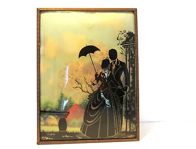 Vintage Silhouette Reverse Painted Black Lady & Man Umbrella On Convex Glass • $14.50