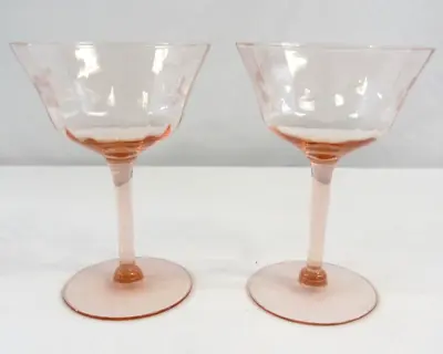 Vintage Pink Depression Champagne Stemware With Etched Flowers Set Of 2 • $18.99