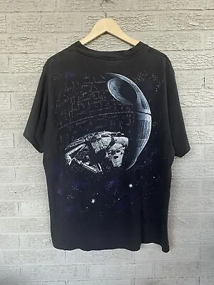 VTG Star Wars Death Star Millennium Falcon AOP All Over Print Faded T-Shirt XL • $100