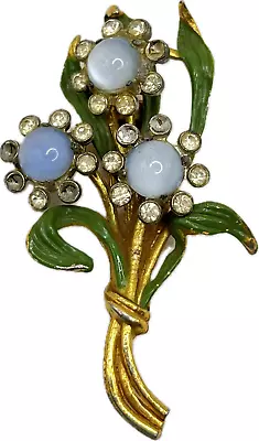 Vintage FLOWER FUR CLIP Pin Moon Glow Rhinestone Enamel Costume Jewelry AS IS • $8.50