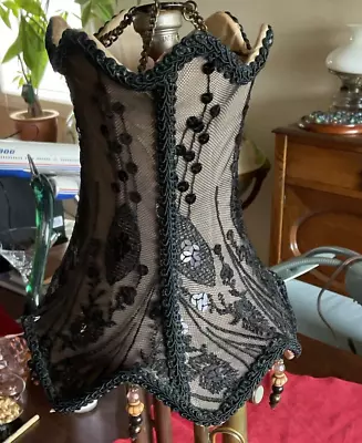 Vintage Black Lace Covered W/Beads And Fabric Lined Lamp Shade W/Horshoe Catch • $38.75