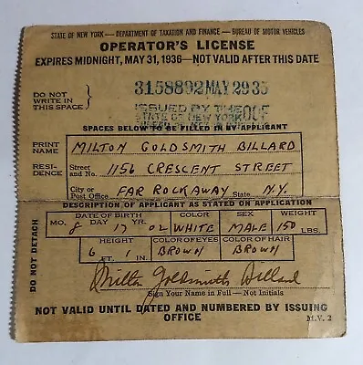 Vintage 1935 New York State Operators Drivers License  Queens NYC DMV • $14.99
