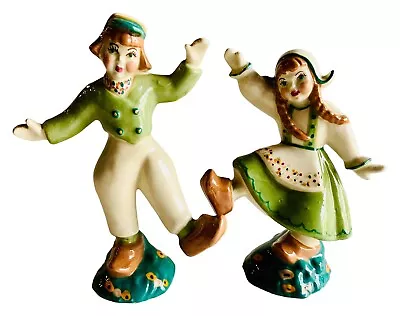 Ceramic Arts Studio Dancing Dutch Boy And Girl Figurines Green Cute Kitch Decor • $37.50