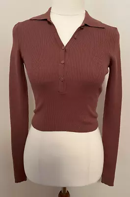 Kookai Ribbed Knit Collared L/S Button Front Top - Cocoa Size 0/34-36 • $27.50