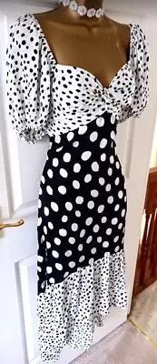 MYLEENE KLASS Black & White Spotted Fit & Flare Dress - Size 12 • £4.99