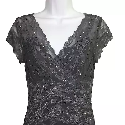 Marina Gray Sequins Beaded Lace Overlay Cap Sleeve Tiered Lined Dress Women's 4 • $70