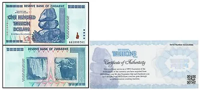 ZIM Zimbabwe 100 Trillion Banknote Note AA/2008 P-91 UNC Authentic COA Bundle • $189.99