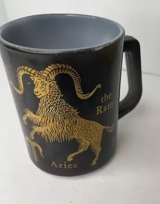 VTG Federal Milk Glass Mug Zodiac Sign Aries The Ram Black Gold Coffee Cup • $16