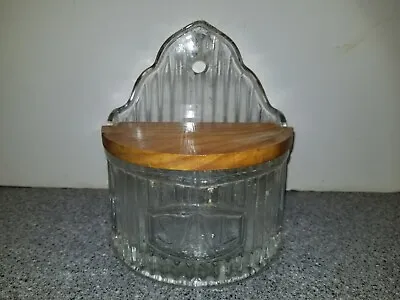 Vintage Hoosier Salt Box Canister Ribbed Clear Glass With Wood Lid • $44.99