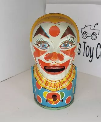 1930s Vintage J. Chein Circus Clown Tin Litho Toy Bank USA Includes Trap Tongue • $32