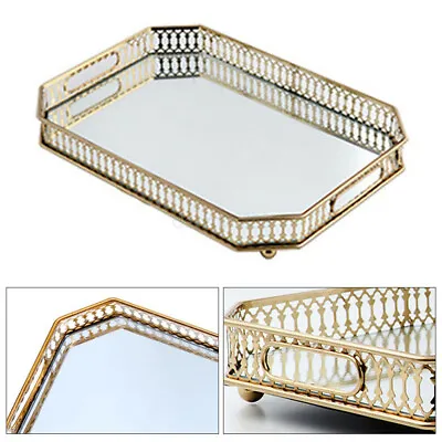 Vintage Octagon Mirror Glass Tray Bedroom Vanity Dresser Cosmetic Perfume Holder • $27.55