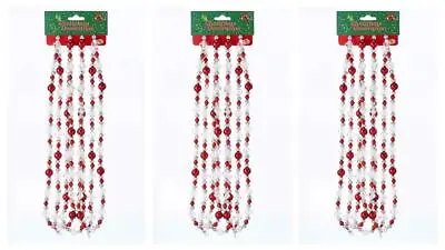 9' Red Clear Silver Round Bead Christmas Garland Decor Set Of 3 • $22.96