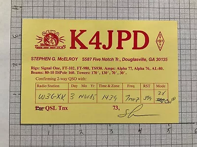 Vintage QSL Amateur Ham Radio Card K4JPD Douglasville Ga 3 Nov 85 • $3