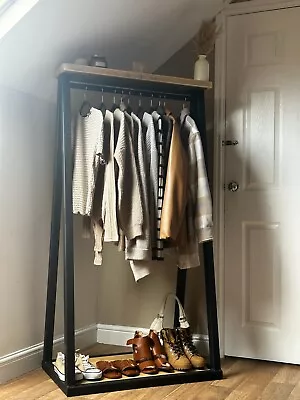 Rustic Heavy Duty Clothes Rail Wood & Steel Industrial Wardrobe Shop Fittings • £240