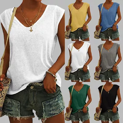 Womens Sleeveless Basic Vest Tank Tops Ladies Summer Casual Loose T-Shirt Blouse • £10.59