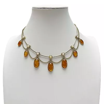 Vintage MONET Signed Lucite Faux Amber & Pearl Drop Swag Chain Necklace FLAWS • $24.99