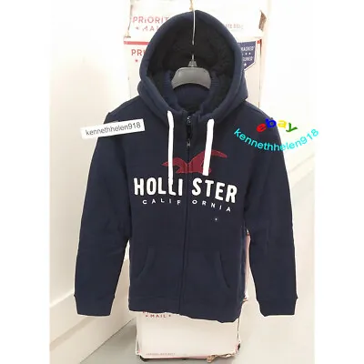 Hollister Logo Sherpa Lined Full Zip Hoodie Sweatshirts Navy Blue Mens Size M • $239.99