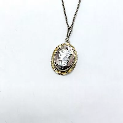 Sterling Silver Mother Of Pearl Marcasite Cameo Left Facing Man Necklace 18” • $49.99