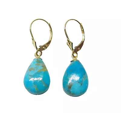 Solid 14KT Gold Lever Back Natural Mohave Arizona Turquoise Earrings 9 X 18 Mm • $95