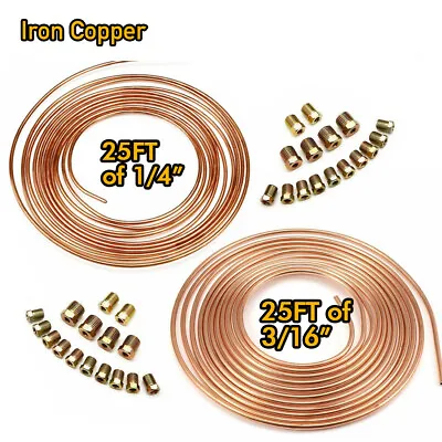 Iron Copper Brake Line Tubing Kit 3/16  1/4 OD 25 Foot Coil Rolls All Fittings • $23.90