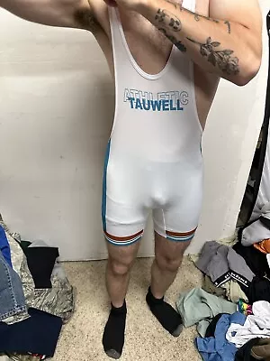 Men’s Tauwell White And Aqua Wrestling Singlet Medium • $38.72