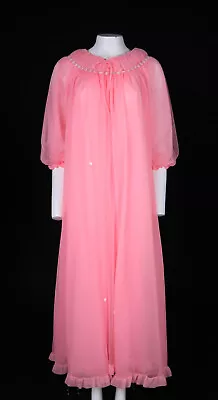 Vintage 60s 70s JENELLE California US M L Pink Sheer Long Nightgown Peignoir Set • $199.99