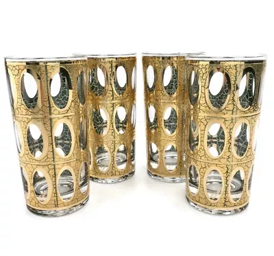 Culver Signed PISA Collins Highball Cocktail Glasses (4) Gold Crackle • $59.99