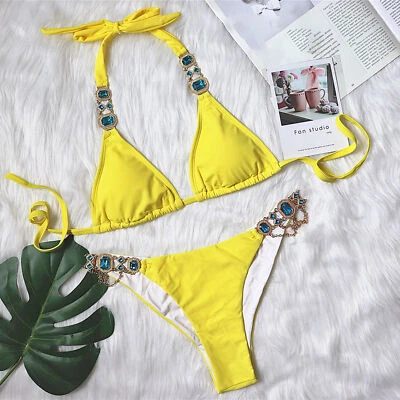 $26.51 • Buy Women Bathers Cossies Belt Split Swimsuit Beach Bra Bikini Set Sequin Swimwear