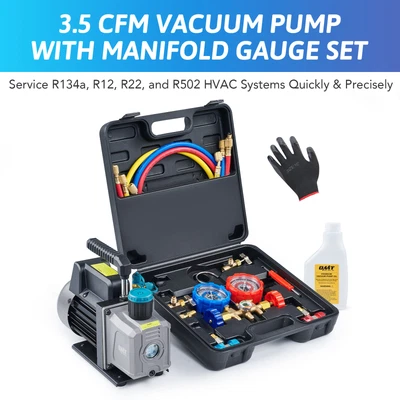 $103.72 • Buy OMT Combo 3.5CFM 1/4HP HVAC Vacuum Pump & A/C Manifold Gauge Set 3 Hoses AC Work